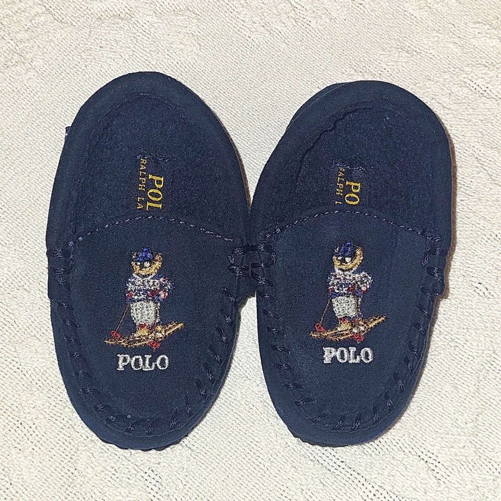Infant boys Polo Bear Slip on sherpa lined navy blue moccasin suede feel slipper